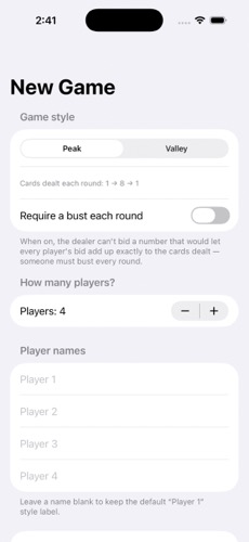 New Game setup screen with Peak/Valley picker and player names