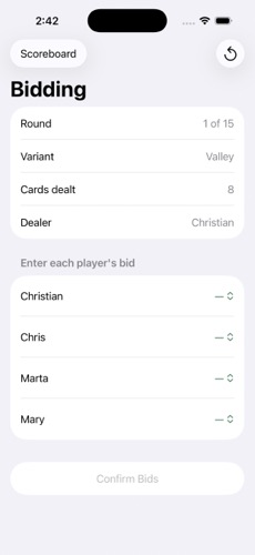 Bidding screen for a round