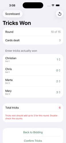 Entering tricks won for a round